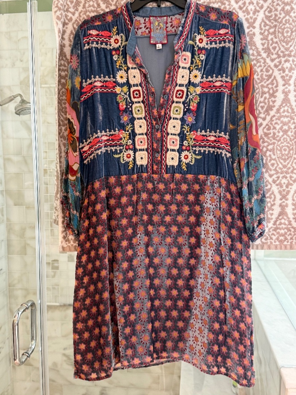Johnny Was L Embroidered Floral Silk Blend Boho Midi Dress